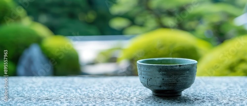 A serene tea set with matcha in a traditional Japanese garden, banner, with copy space photo