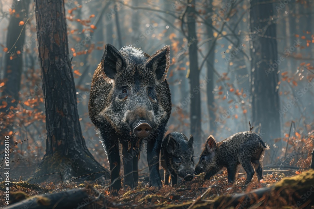 A stunning image of a European wild boar with its piglets, rooting around in a forest. A stunning image of a European wild boar with its piglets, rooting around in a forest.