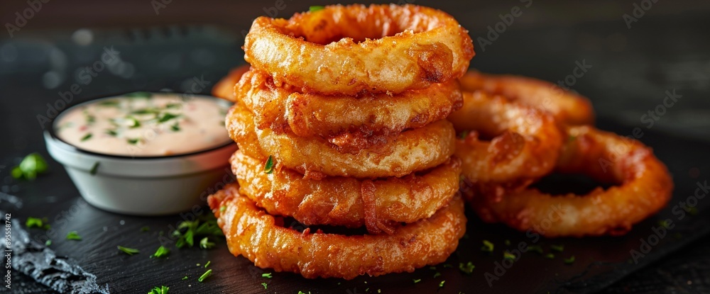A stack of crispy onion rings served with dipping sauce, on a black slate plate with room around for promotional messaging. A stack of crispy onion rings served with dipping sauce, on a black slate plate with room around for promotional messaging.