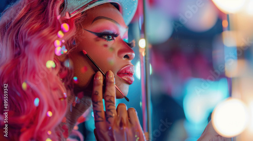 Drag queen applying the finishing touches to her pink makeup in a mirror, a close-up image that captures her transformation photo