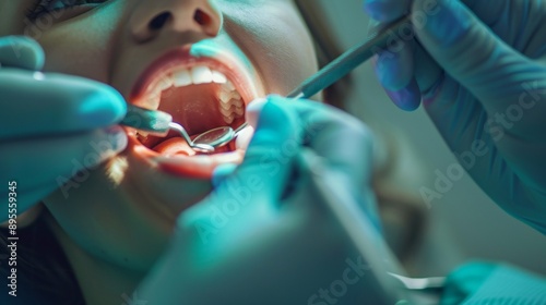 Side angle of a dentist performing dental polishing on a girl, detailed view of the clinic room