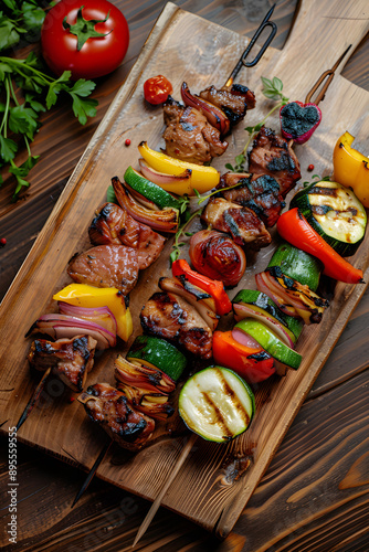 Rustic Grilled Kebab Skewer with Fresh Vegetables and Juicy Meat on a Wooden Cutting Board