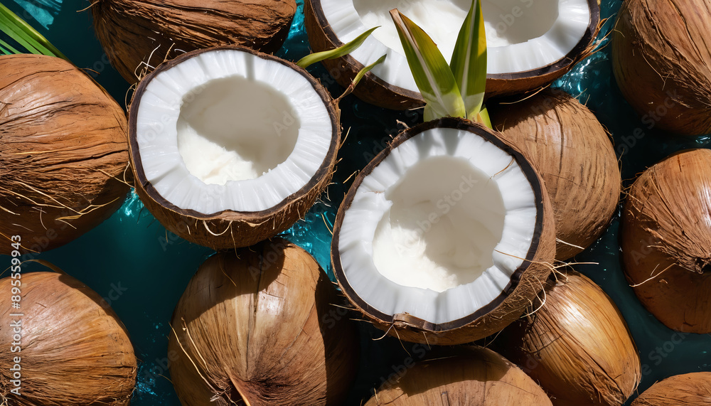 coconuts on a textured blue surface, showcasing the contrast between the brown shells and white flesh, capturing tropical vibes. coconuts on a textured blue surface, showcasing the contrast between the brown shells and white flesh, capturing tropical vibes.