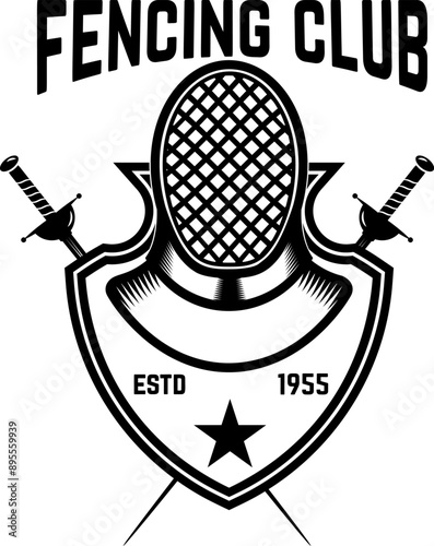 fencing sport emblem, badge and design element. Fencing swords, face guard. Vector illustration