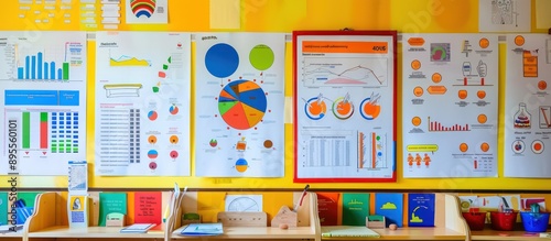 A vibrant display of educational charts and posters on a classroom wall celebrating the diverse subjects and knowledge shared by teachers