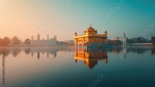 A sacred Sikh gurdwara with its golden dome reflecting in a calm water body, under a clear sky. photo
