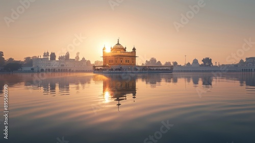 A sacred Sikh gurdwara with its golden dome reflecting in a calm water body, under a clear sky. photo