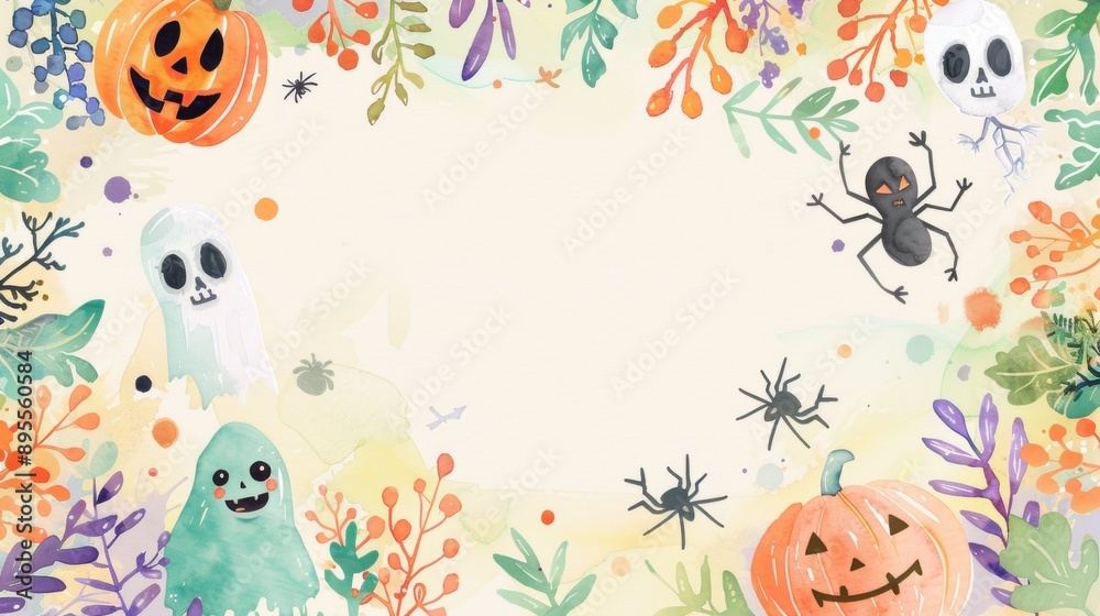 Fototapeta premium A charming Halloween watercolor frame designed for kids, featuring a playful border with cute Halloween icons such as smiling skeletons, friendly ghosts, and cheerful spiders. The watercolor style