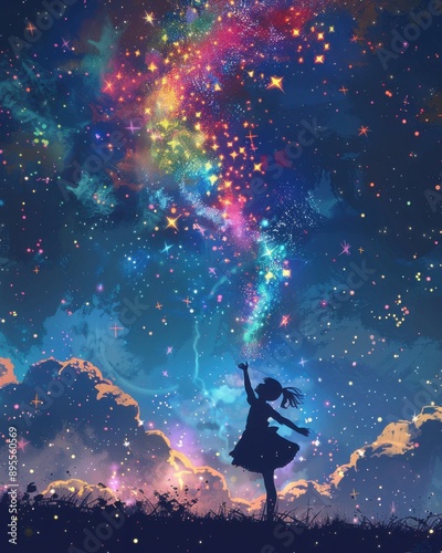 Girl Reaching for Colorful Starry Sky