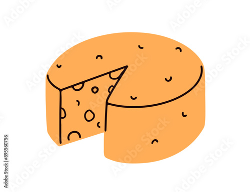 Cheese, round wheel, circle head with cut piece. Yellow Swiis porous chees wi...