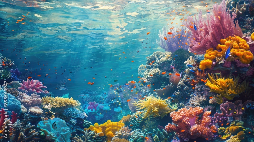 Naklejka premium A vibrant coral reef teeming with colorful marine life, set against the backdrop of clear blue water.