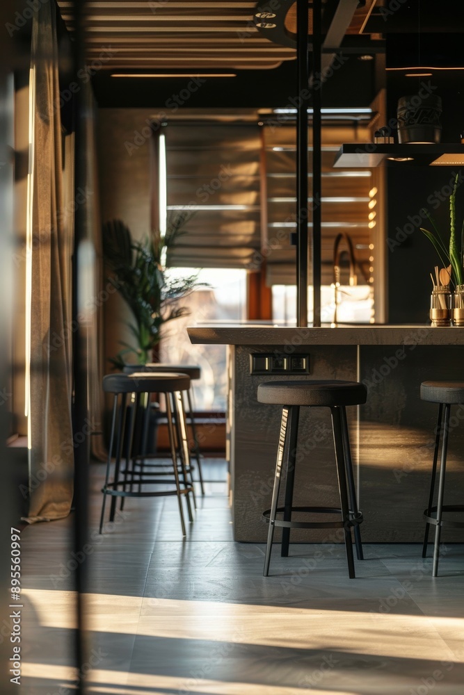 Interior of modern cafe with wooden walls and concrete floor. Stylish bar counter with black stools. Interior of modern cafe with wooden walls and concrete floor. Stylish bar counter with black stools.