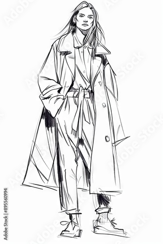 Modern High Fashion Sketches on White Paper Showcasing Female Stylish and Contemporary Designer Clothing