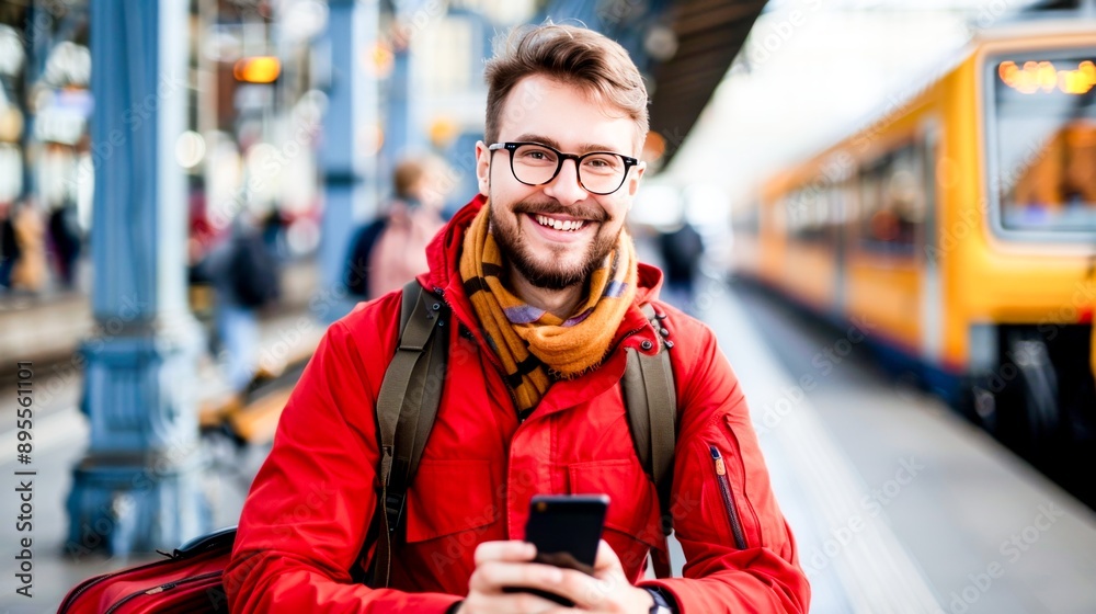 Smiling young businessman with luggage and smart phone sitting at station. Smiling young businessman with luggage and smart phone sitting at station.