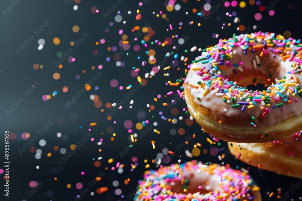 Doughnuts covered in a burst of colorful sprinkles, captured midair in a highspeed photograph Doughnuts covered in a burst of colorful sprinkles, captured midair in a highspeed photograph