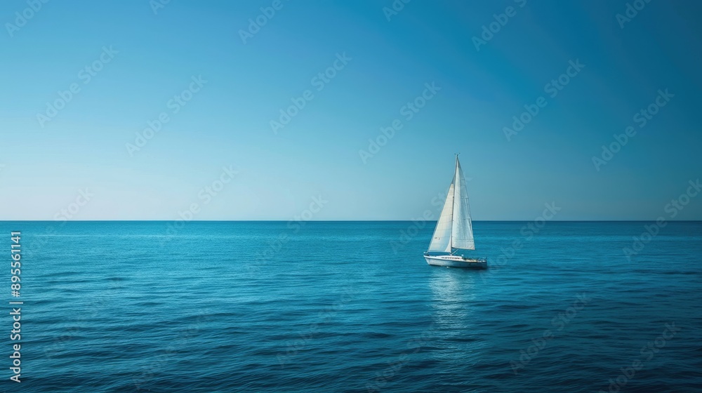 Obraz premium A white boat sailing on a calm, blue sea, symbolizing freedom and tranquility.