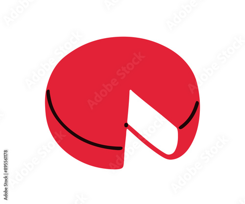 French cheese, small round wheel. Circle head with cut wedge piece. Dairy product, delicatessen snack. Cheesy delicacy. Gourmet appetizer. Flat vector illustration isolated on white background