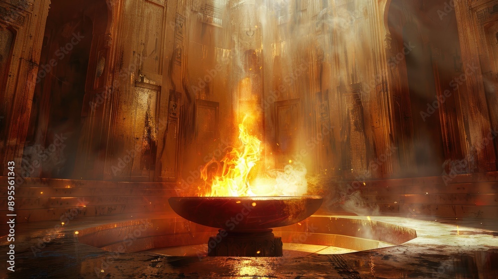 A Zoroastrian fire temple with a burning flame, symbolizing purity and spirituality. A Zoroastrian fire temple with a burning flame, symbolizing purity and spirituality.