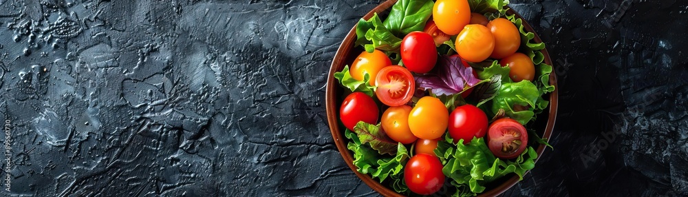 A minimalist composition of a bowl of mixed vegetables, vibrant colors against a dark, textured backdrop, panoramic space above for copy.