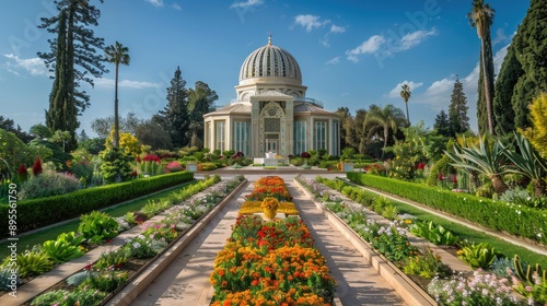 An ornate Baha'i temple with geometric designs and lush gardens, radiating peace and unity. photo