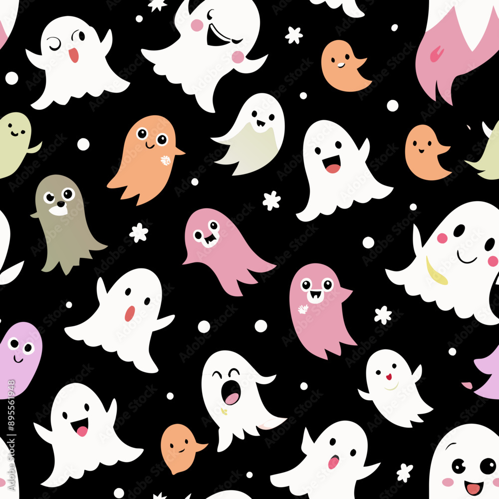 Cute and Spooky Ghosts Seamless Pattern. Perfect for: Halloween, spooky parties, playful events Cute and Spooky Ghosts Seamless Pattern. Perfect for: Halloween, spooky parties, playful events