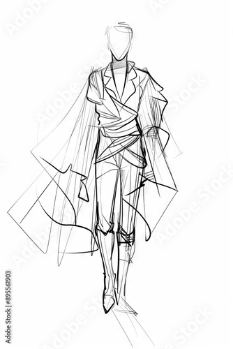 Modern High Fashion Sketches on White Paper Showcasing Female Stylish and Contemporary Designer Clothing