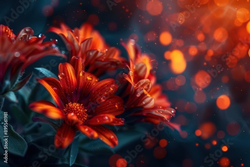Gaillardia flowers blaze with fiery colors, surrounded by a mystical aura in an ultramodern, supernatural scene banner with copy space © JK_kyoto