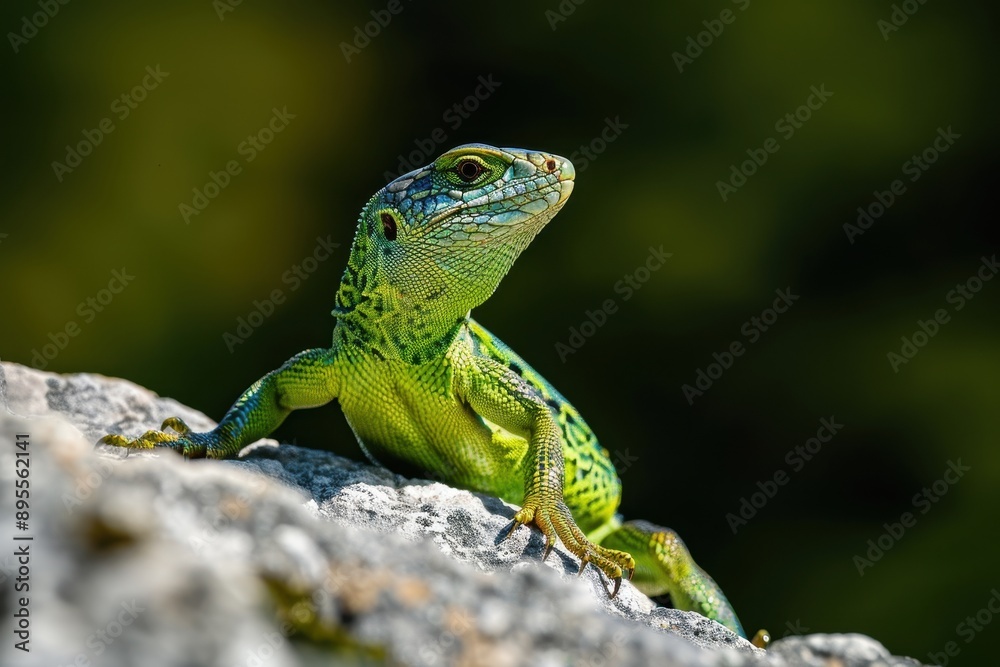 A vibrant image of a European green lizard basking on a sunny rock. A vibrant image of a European green lizard basking on a sunny rock.