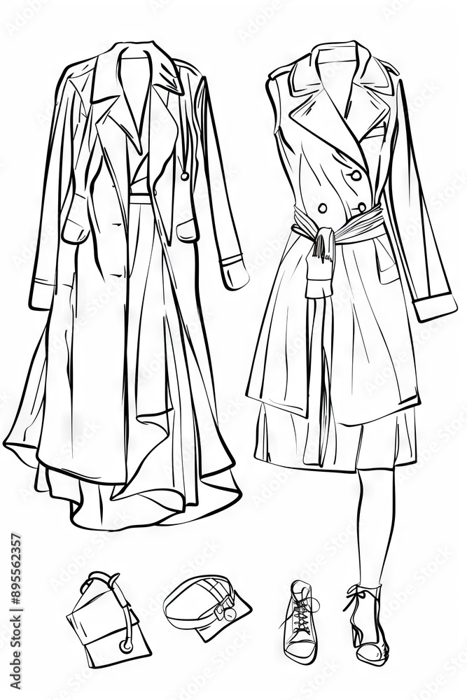 Modern High Fashion Sketches on White Paper Showcasing Female Stylish and Contemporary Designer Clothing