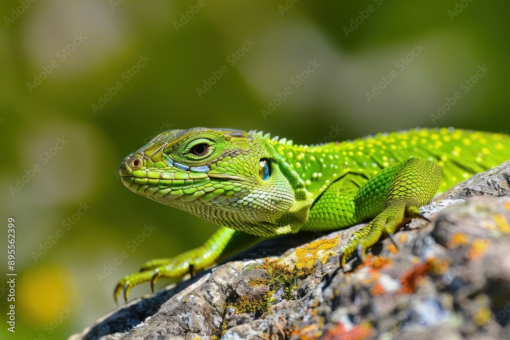 A vibrant image of a European green lizard basking on a sunny rock. A vibrant image of a European green lizard basking on a sunny rock.