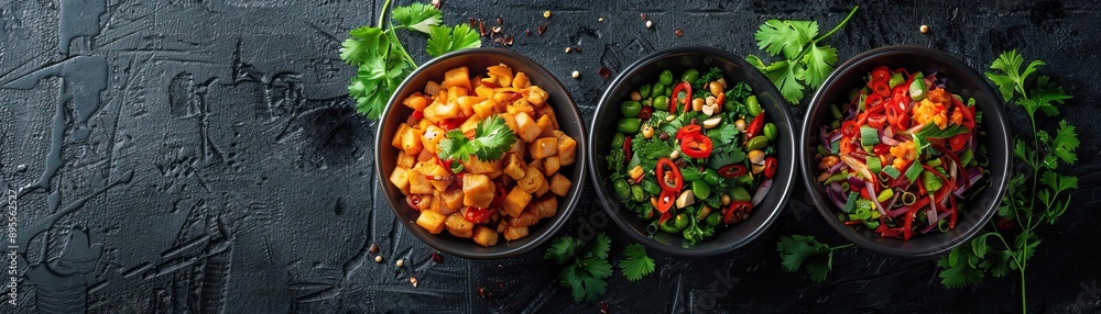 A minimalist composition featuring a symmetrical arrangement of Thai street food items, each dish placed in a small bowl on a sleek black surface, extensive space for copy on one s A minimalist composition featuring a symmetrical arrangement of Thai street food items, each dish placed in a small bowl on a sleek black surface, extensive space for copy on one s
