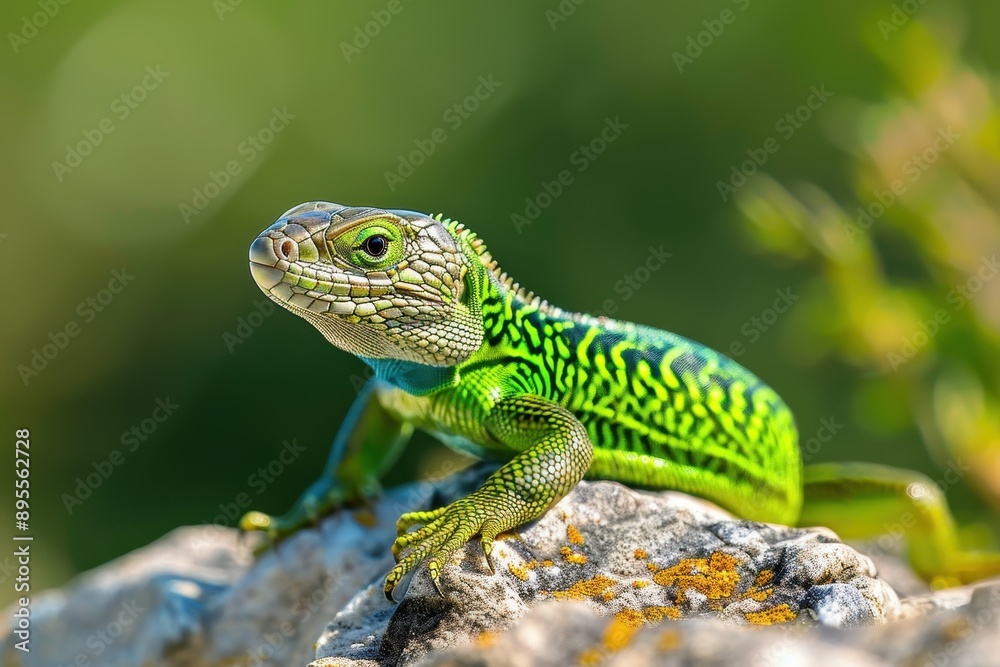 A vibrant image of a European green lizard basking on a sunny rock. A vibrant image of a European green lizard basking on a sunny rock.