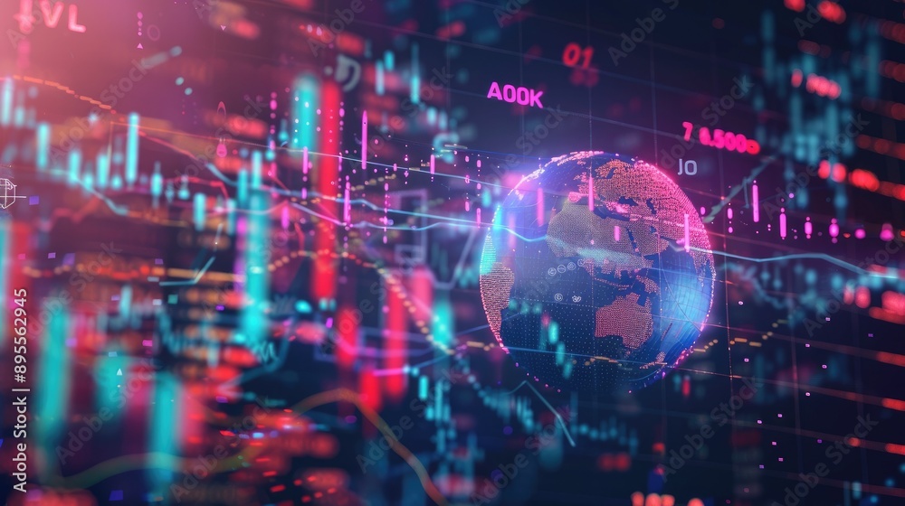 Globe surrounded by stock market indicators and currency symbols. Globe surrounded by stock market indicators and currency symbols.
