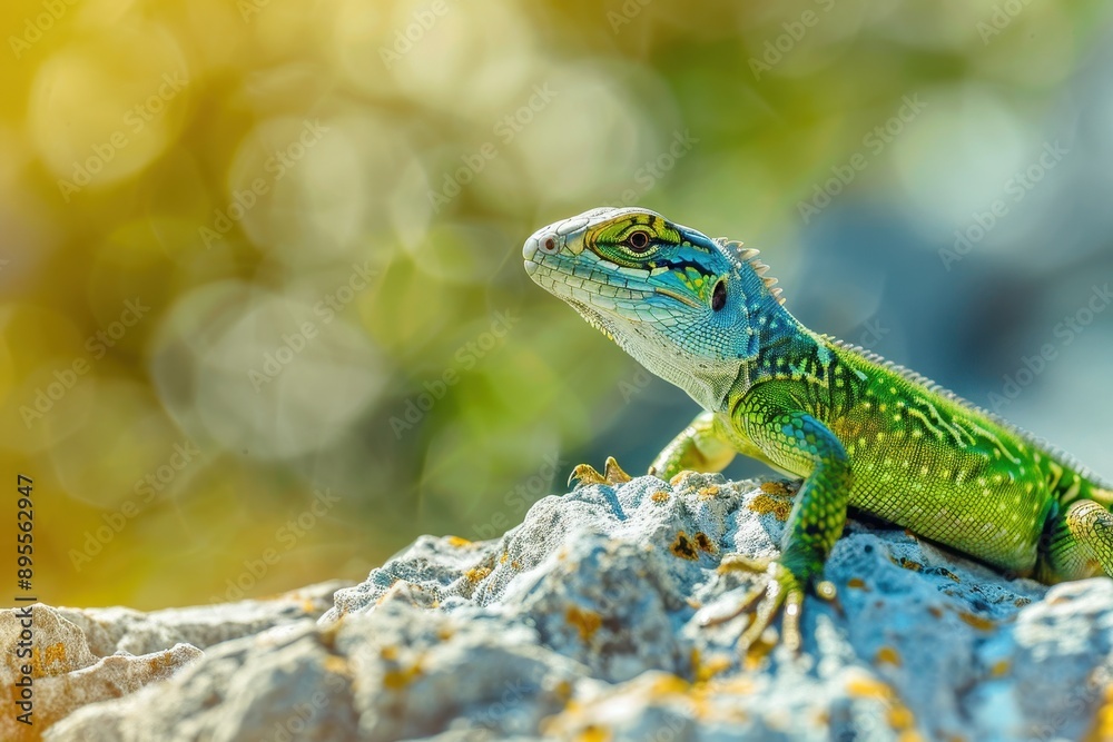 A vibrant image of a European green lizard basking on a sunny rock. A vibrant image of a European green lizard basking on a sunny rock.