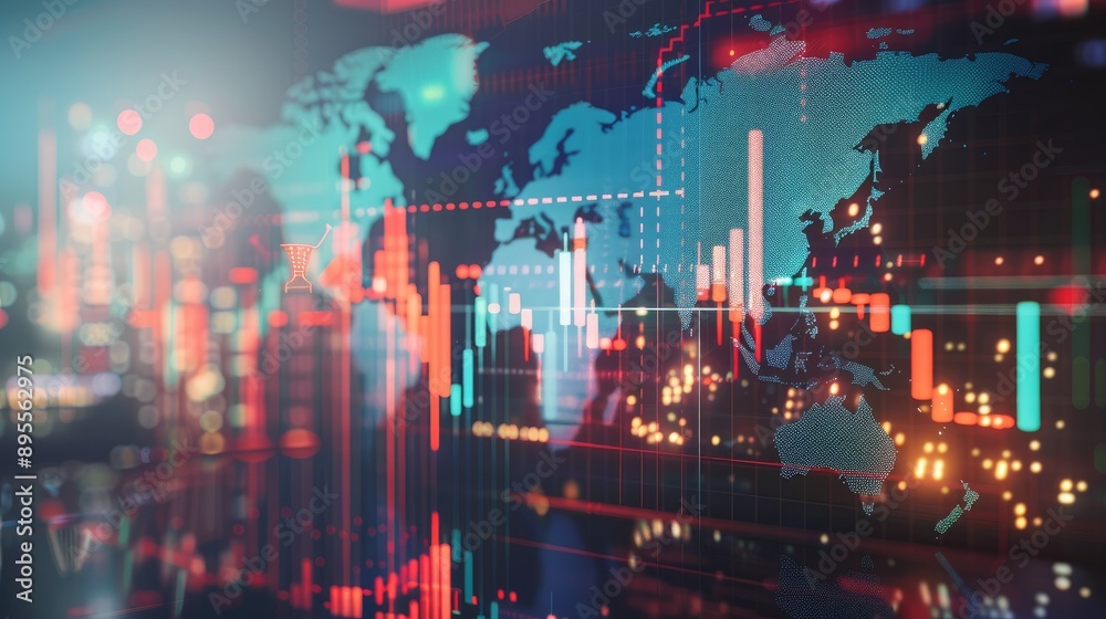 Fototapeta premium Graphs and charts superimposed on a world map.