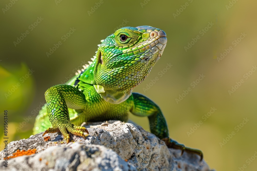 A vibrant image of a European green lizard basking on a sunny rock.