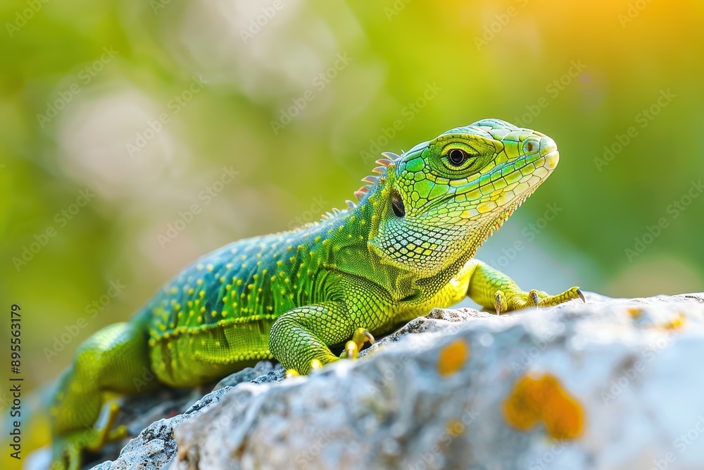 A vibrant image of a European green lizard basking on a sunny rock. A vibrant image of a European green lizard basking on a sunny rock.