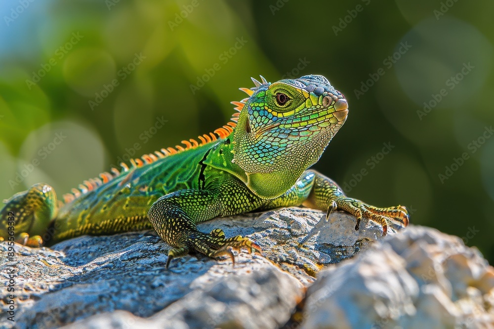 Fototapeta premium A vibrant image of a European green lizard basking on a sunny rock.