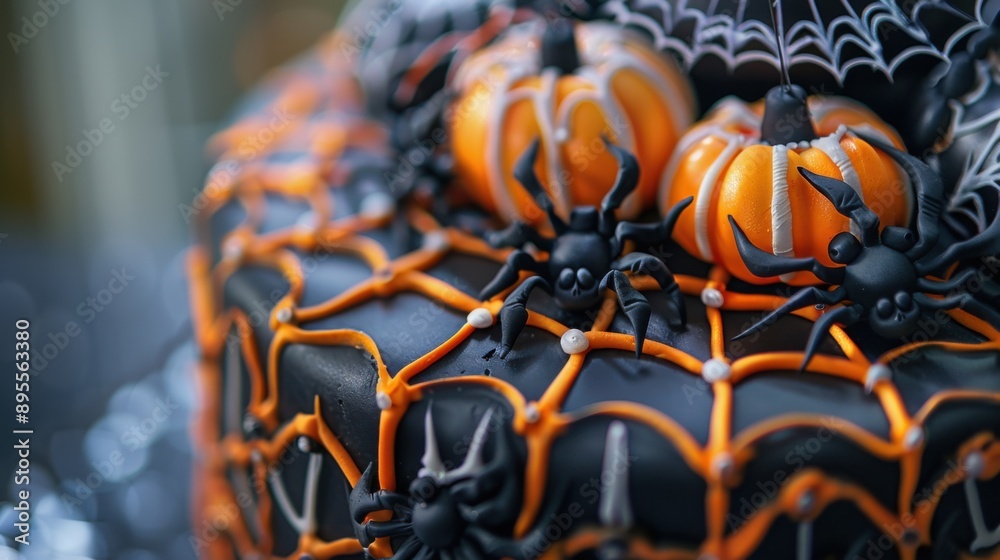 Halloween-themed cake decorated with black and orange icing, spiders, and pumpkins, perfect for a spooky celebration. Halloween-themed cake decorated with black and orange icing, spiders, and pumpkins, perfect for a spooky celebration.