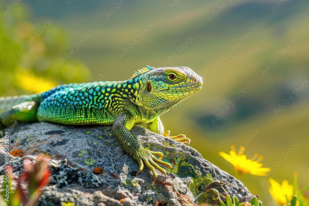 Fototapeta premium A vibrant image of a European green lizard basking on a sunny rock.