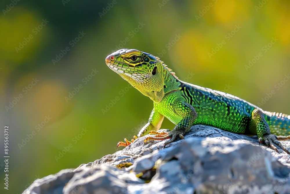 A vibrant image of a European green lizard basking on a sunny rock. A vibrant image of a European green lizard basking on a sunny rock.
