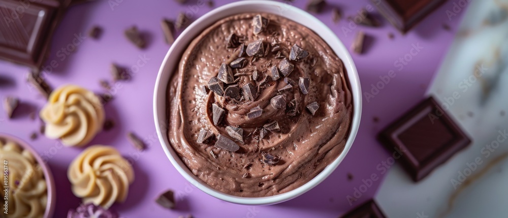 Delicious Chocolate Mousse in a White Bowl with Chocolate Shavings on a Purple Background
