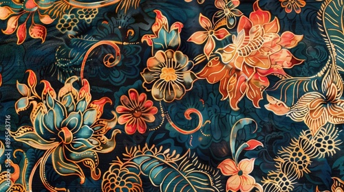 Richly dyed Indonesian batik fabric with detailed patterns. photo