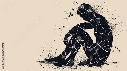 Illustration of Depression: Person with Cracks on Body Like a Ceramic Figure Symbolizing Internal Fragility and Sense of Being Broken photo