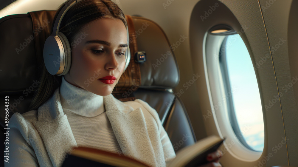 Elegant woman wearing headphones and reading a novel, seated comfortably on an airplane. Elegant woman wearing headphones and reading a novel, seated comfortably on an airplane.