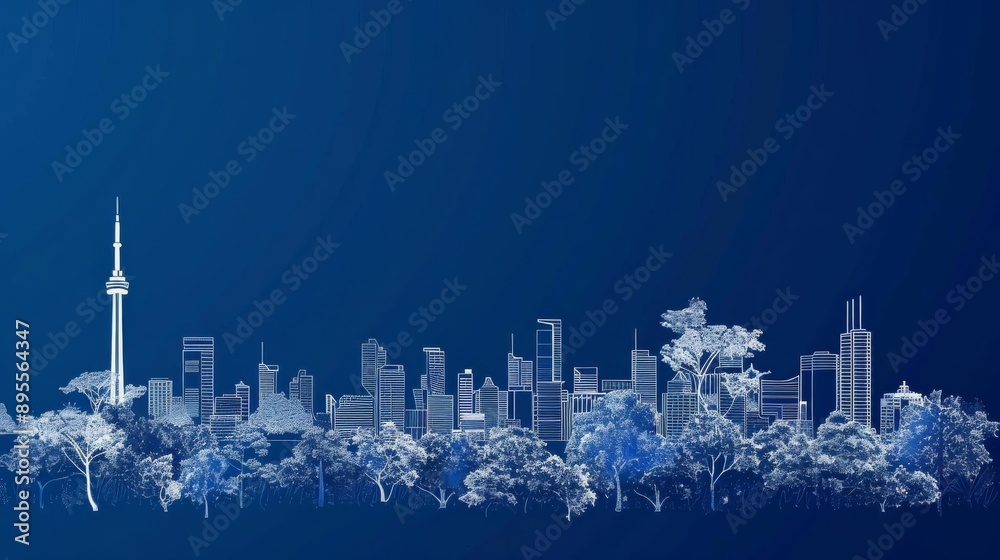 Fototapeta premium A contemporary graphic design depicting a city skyline with various structures and trees in white line art