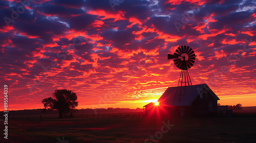Evening rural homestead landscape with a windmill and farmhouse silhouetted against a dramatic sunset.