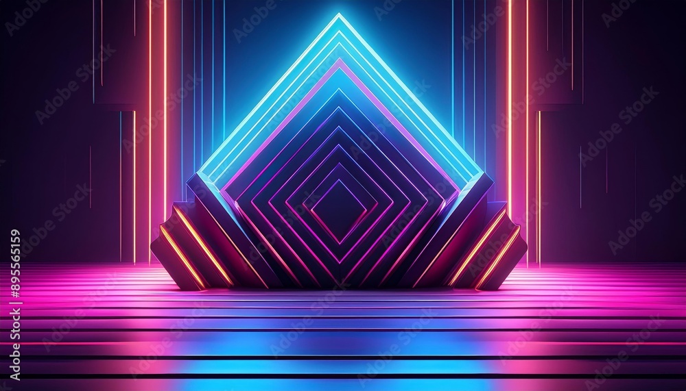 Fototapeta premium Neon Dreamscape: A hypnotic stage bathed in vibrant hues of blue and pink neon light, with geometric shapes creating a futuristic and ethereal ambiance. The scene is both abstract and captivating.