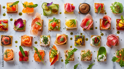 Assorted Canapés on White Marble Background, Gourmet Appetizers