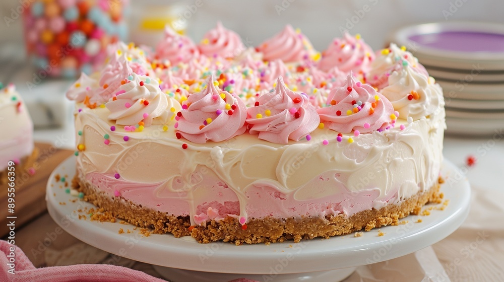 Pink and white frosted cake with colorful sprinkles Pink and white frosted cake with colorful sprinkles